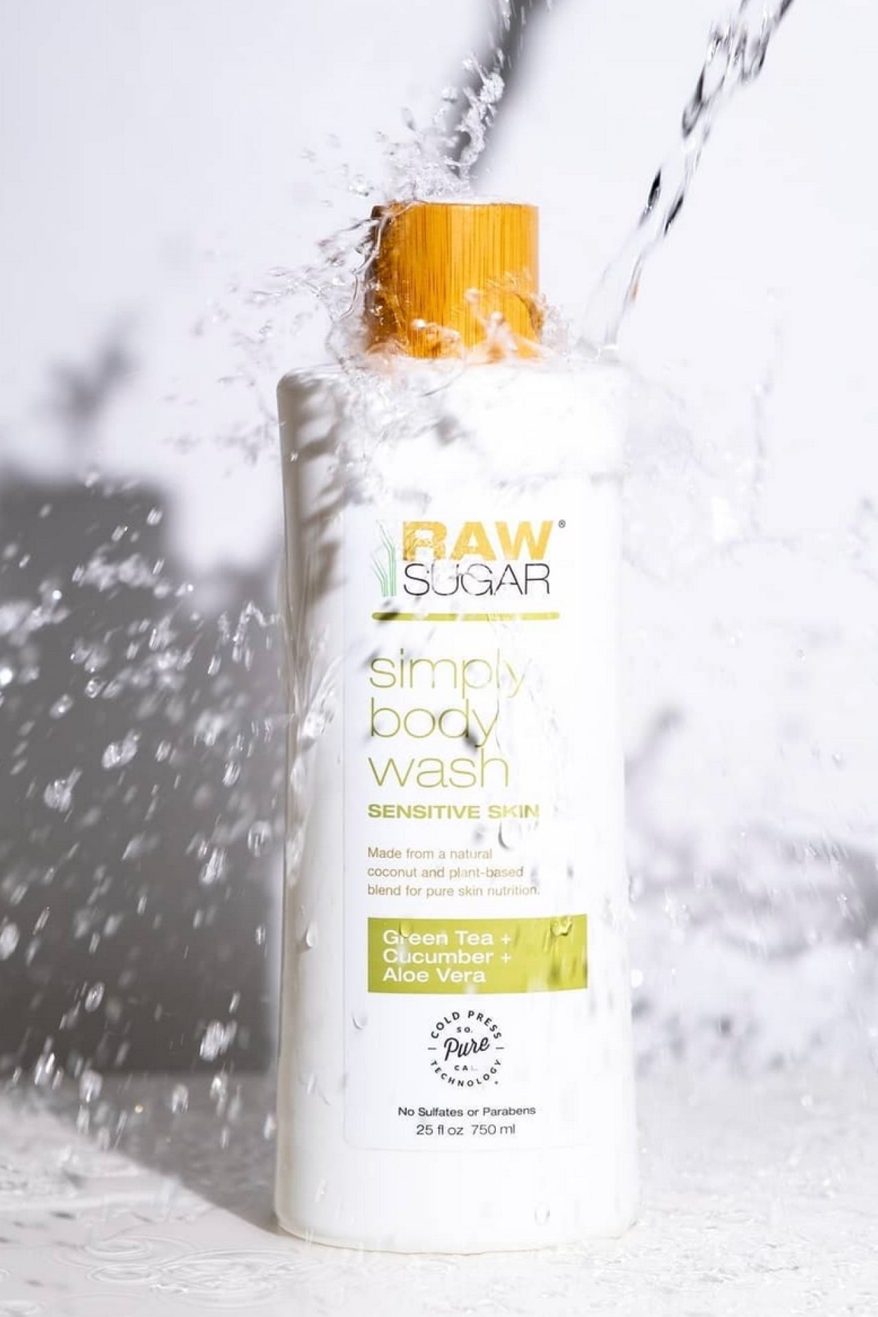 Raw Sugar Body Way for Sensitive Skin with water pouring over it