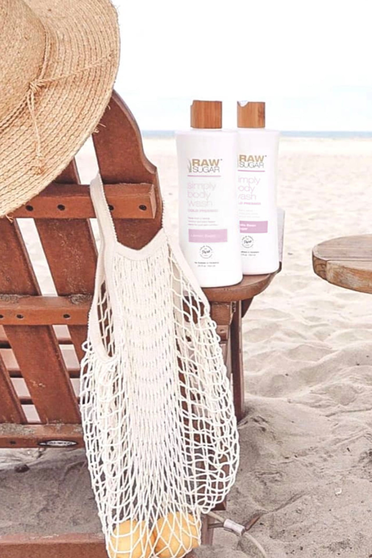 Raw Sugar Body Wash at the beach on a chair