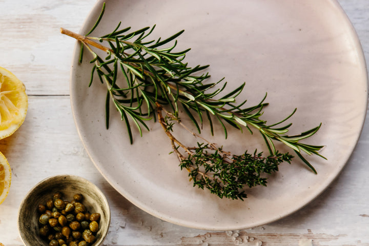 rosemary on plate with lavender
