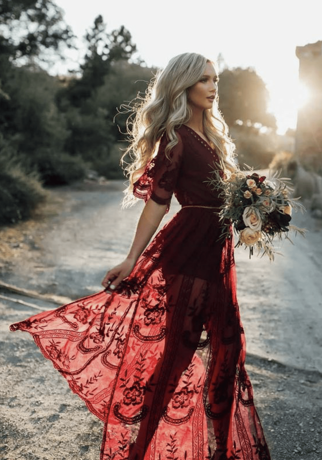 Woman in red dress with flowers