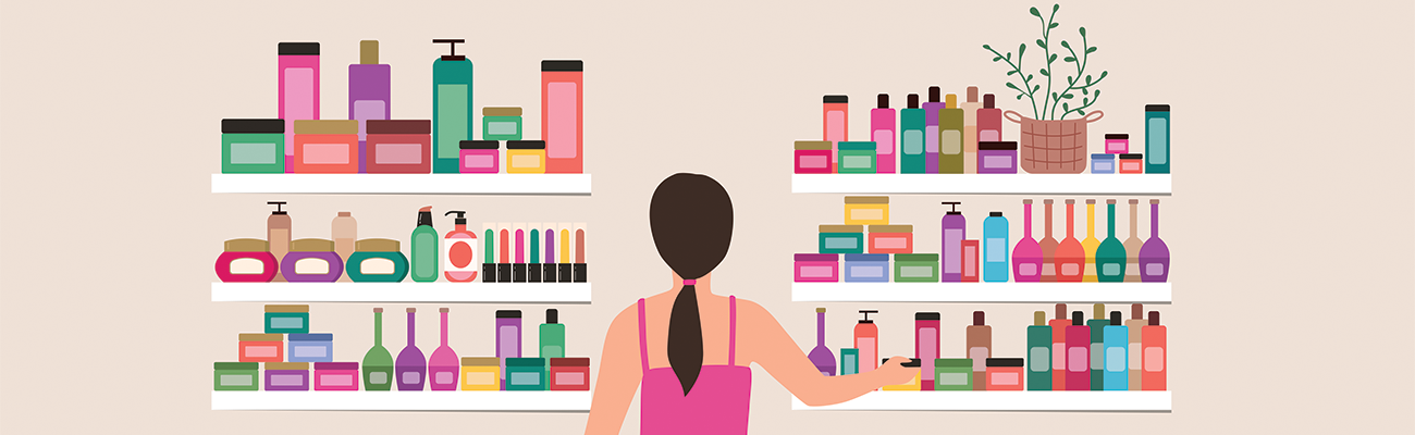 Illustration of girl looking at beauty products