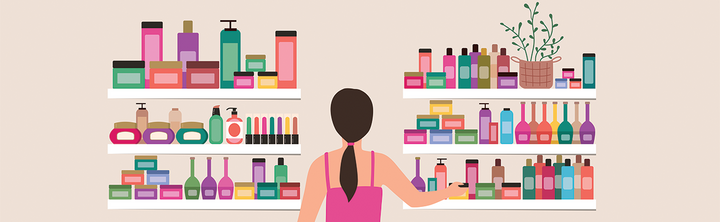 Illustration of girl looking at beauty products
