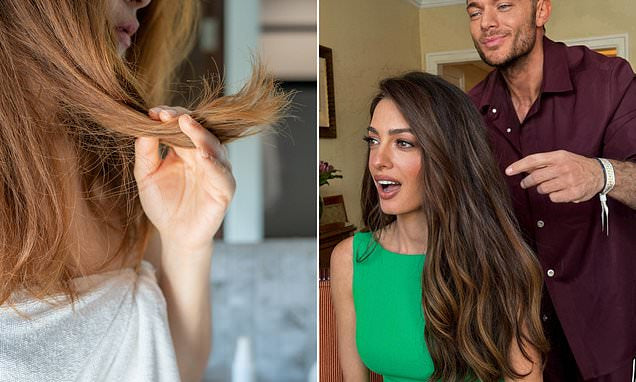 Woman with split ends and woman getting hair styled