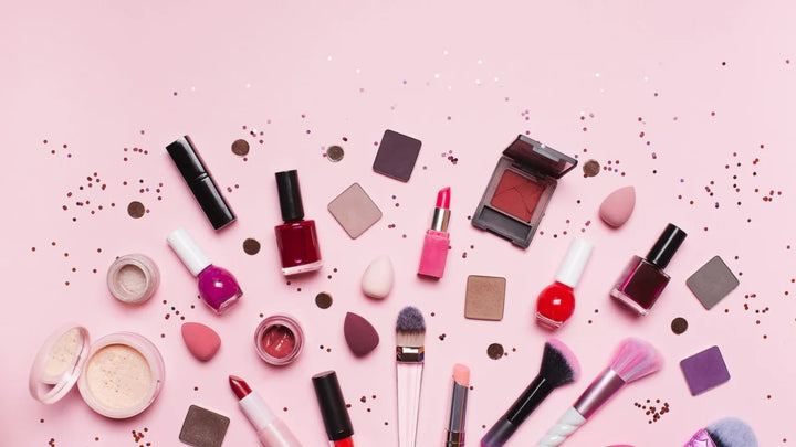 Cosmetic products on pink background from Essence 