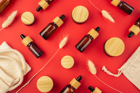 Products on red background