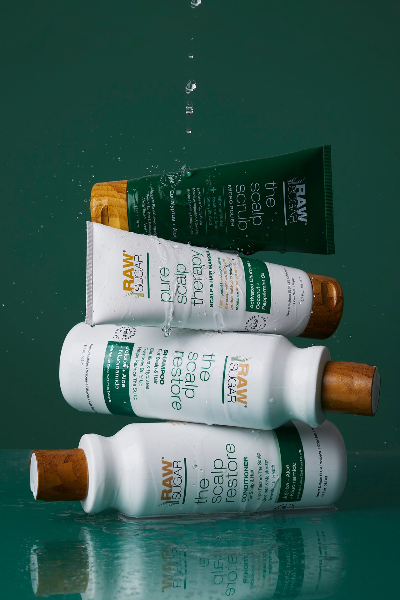 scalp products on side with water dripping down