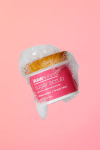 mini sugar scrub with suds, sulfate free, paraben free, pink background