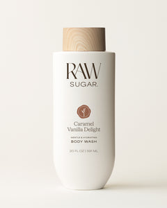 RAW Sugar Caramel Vanilla Delight body wash bottle on a white background