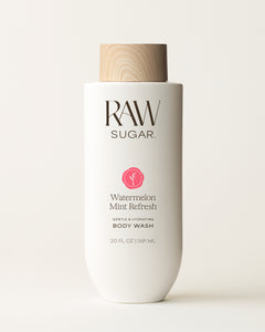 RAW Sugar body wash bottle with watermelon mint refresh scent on a white background