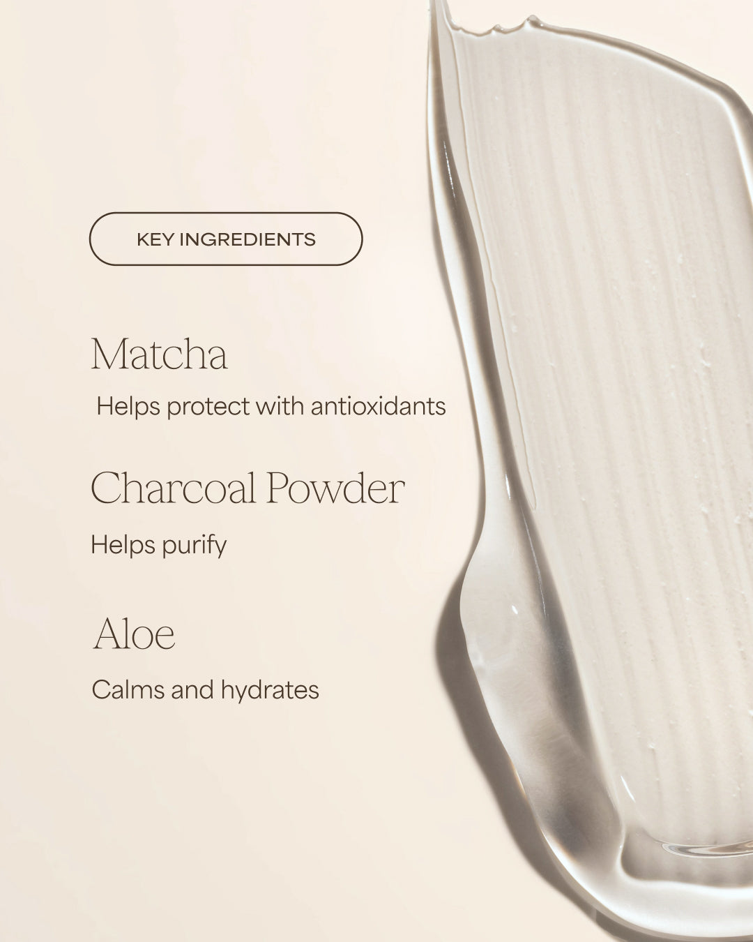 Glass with key ingredients listed on a beige background