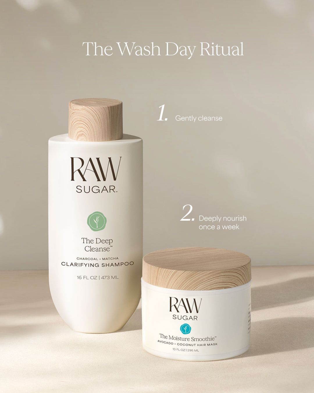 RAW Sugar shampoo and mask with 'The Wash Day Ritual' text on a neutral background