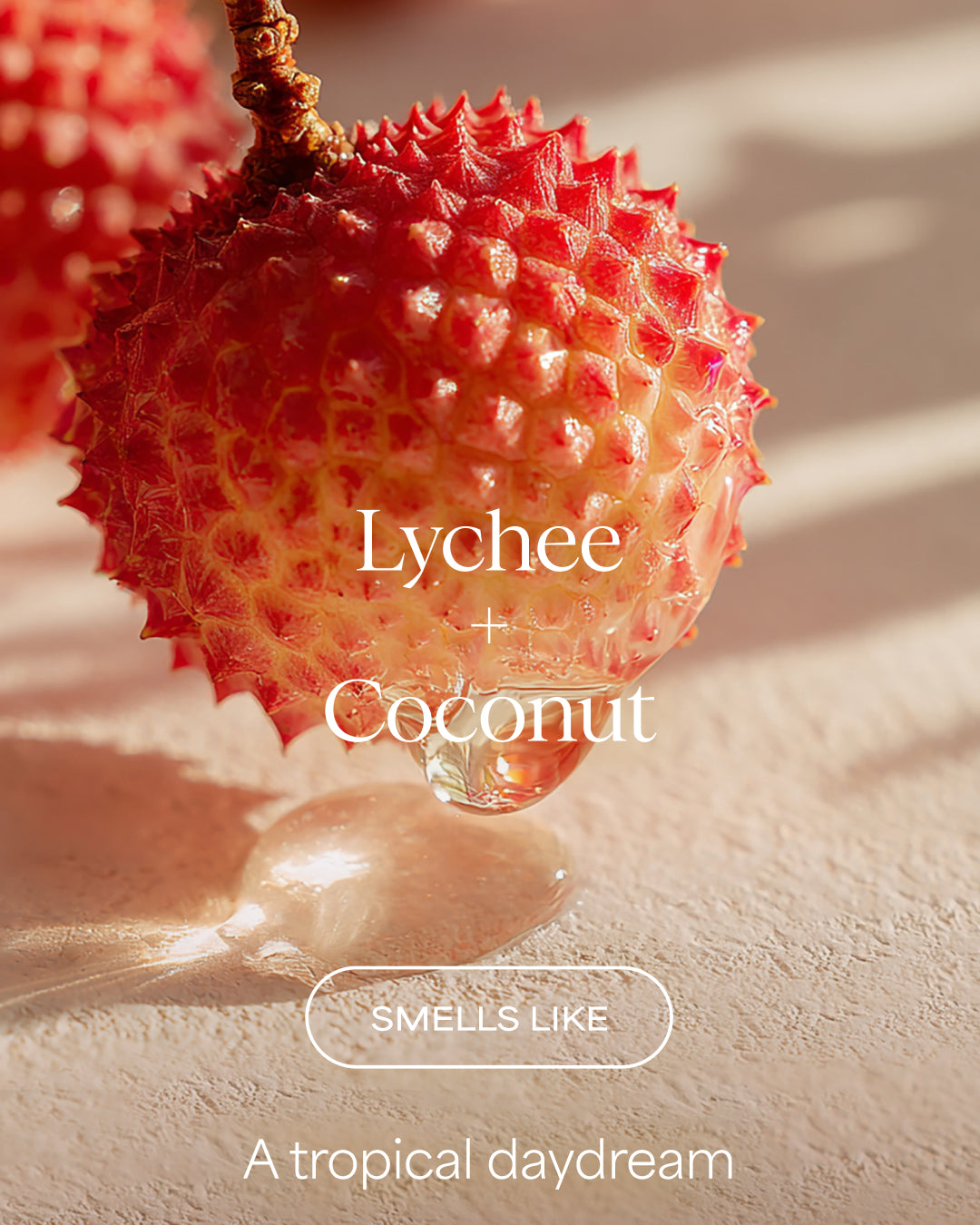 A close-up of a ripe lychee fruit with its skin intact, resting on a textured beige surface with a clear droplet below it. The text 'Lychee + Coconut' and 'SMELLS LIKE' appears over the fruit, with 'Morning dew on fresh leaves' at the bottom.
