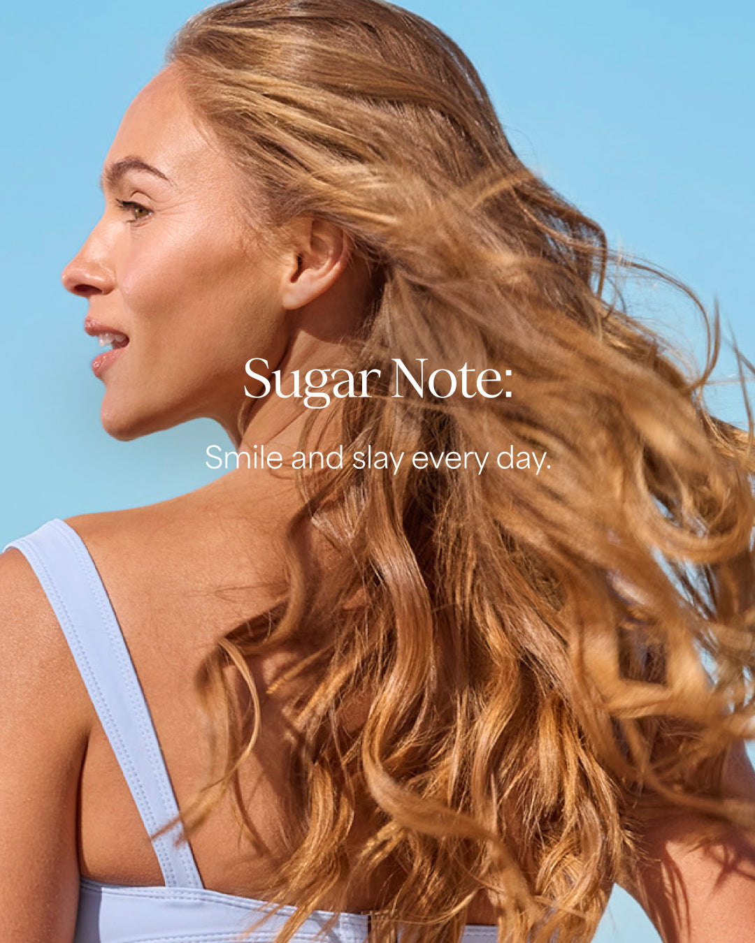 Woman with long blonde hair against a clear blue sky, featuring the 'Sugar Note' brand.