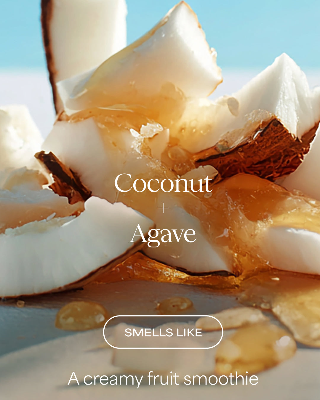Coconut pieces with a hint of agave syrup on a light background, labeled 'Coconut + Agave' and 'Smells like a creamy fruit smoothie'.