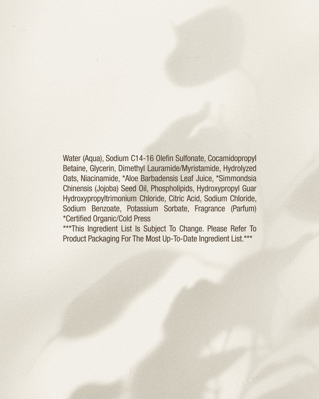 Product label with ingredient list on a textured beige background