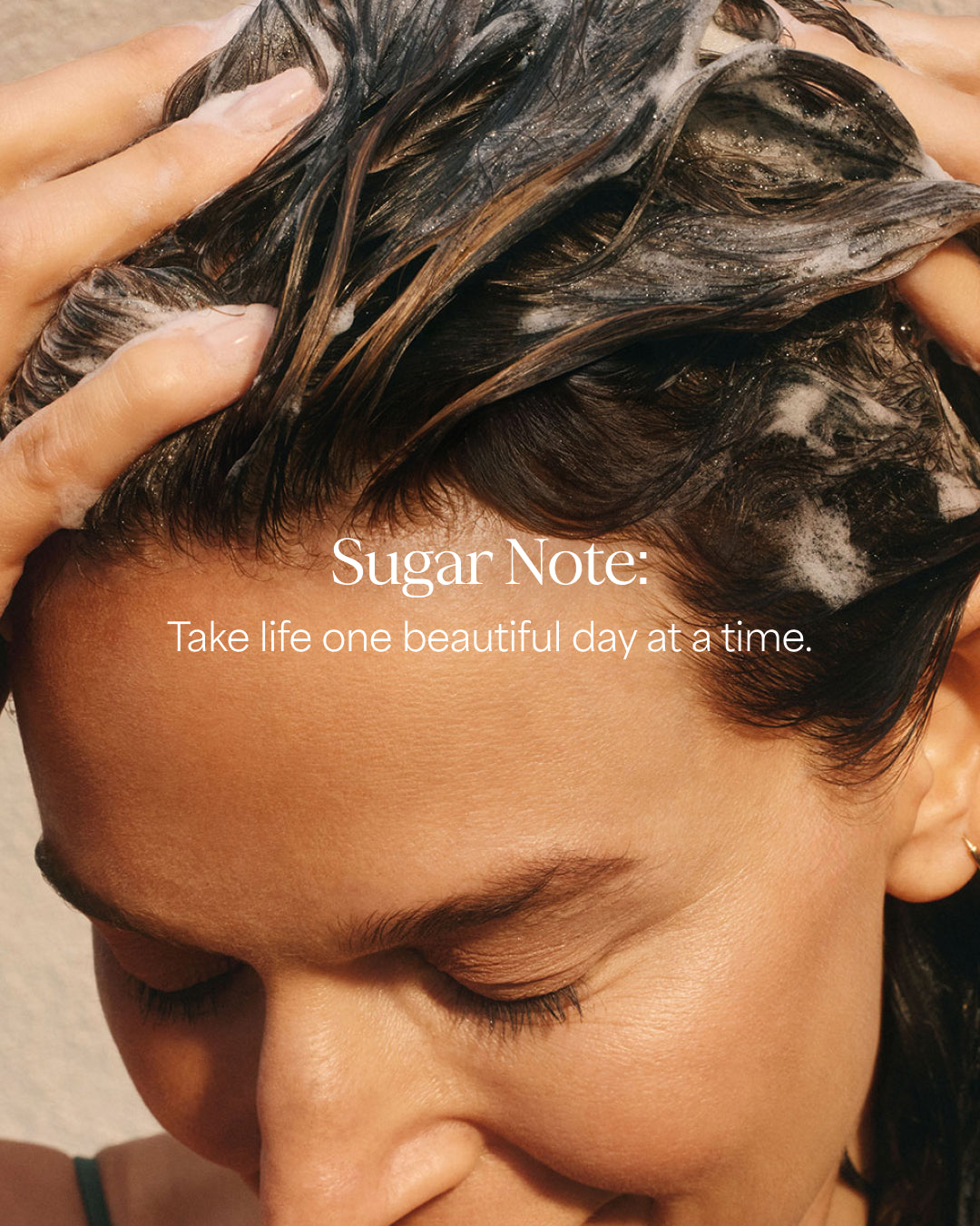 Person with soapy hair, close-up, with 'Sugar Note' text overlay.