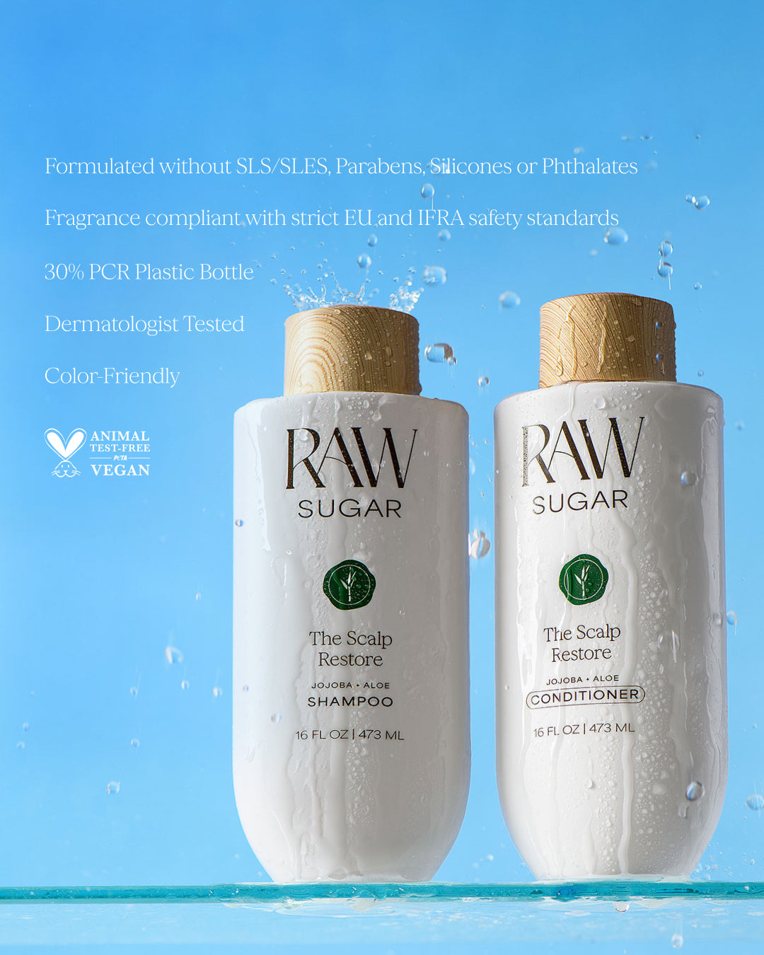 Two bottles of RAW Sugar shampoo and conditioner on a blue background with product details.