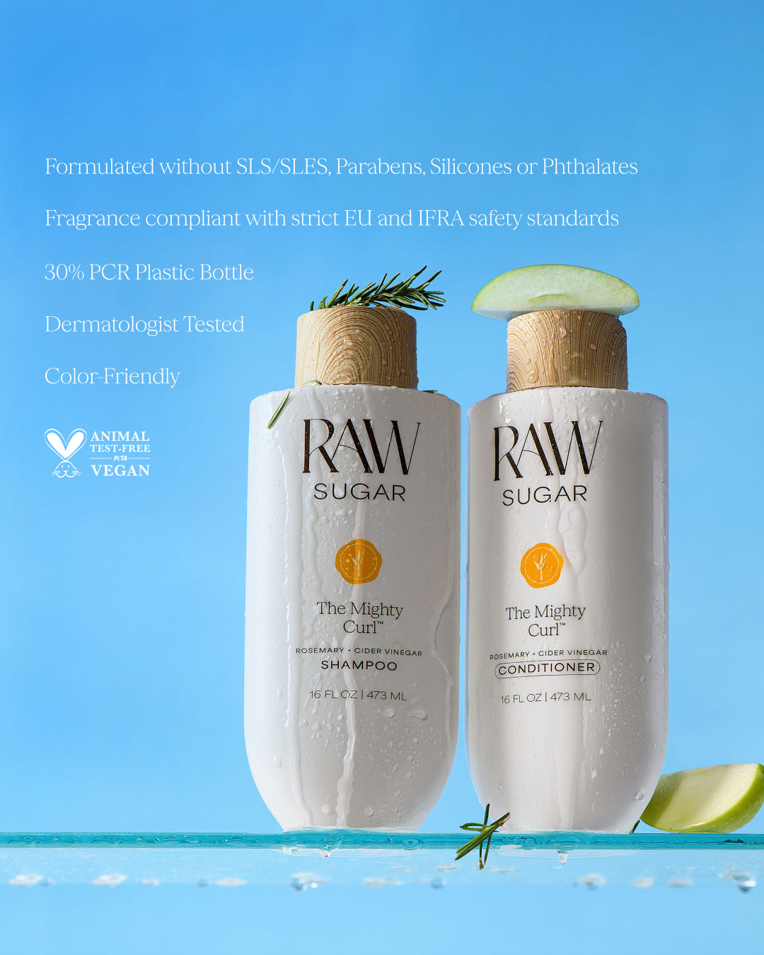 Two bottles of RAW Sugar shampoo and conditioner on a blue background with text about product features.