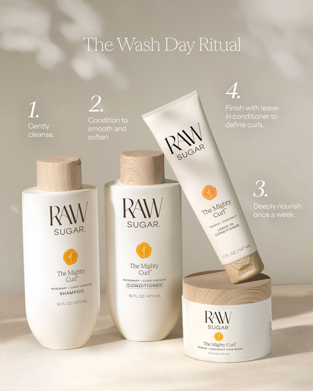 Raw Sugar hair care products for curly hair routine with step-by-step instructions on a neutral background