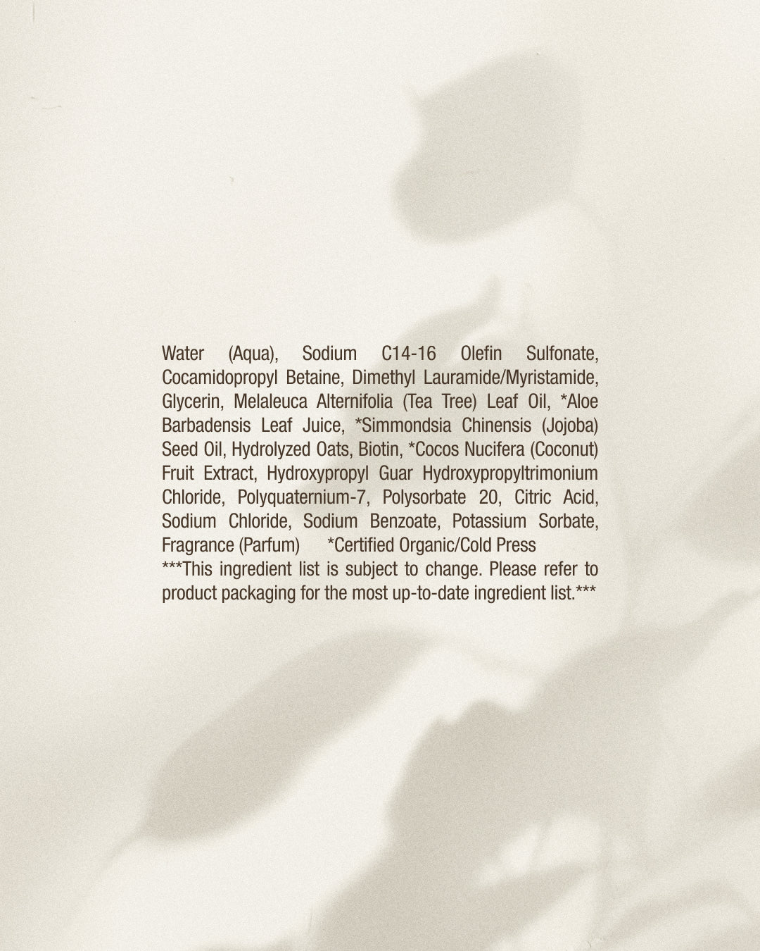 Product label with ingredient list on a white background for Raw Sugar Shampoo, designed to help strengthen hair with clean ingredients.