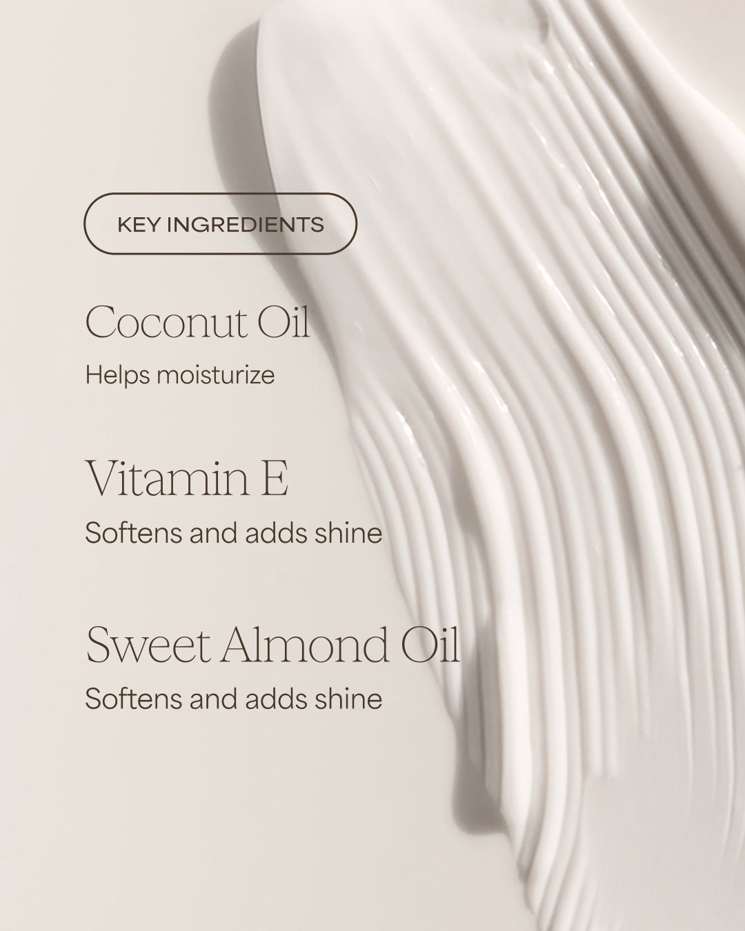 Text overlay on a white background with key ingredients for moisturizing and shining hair or skin.
