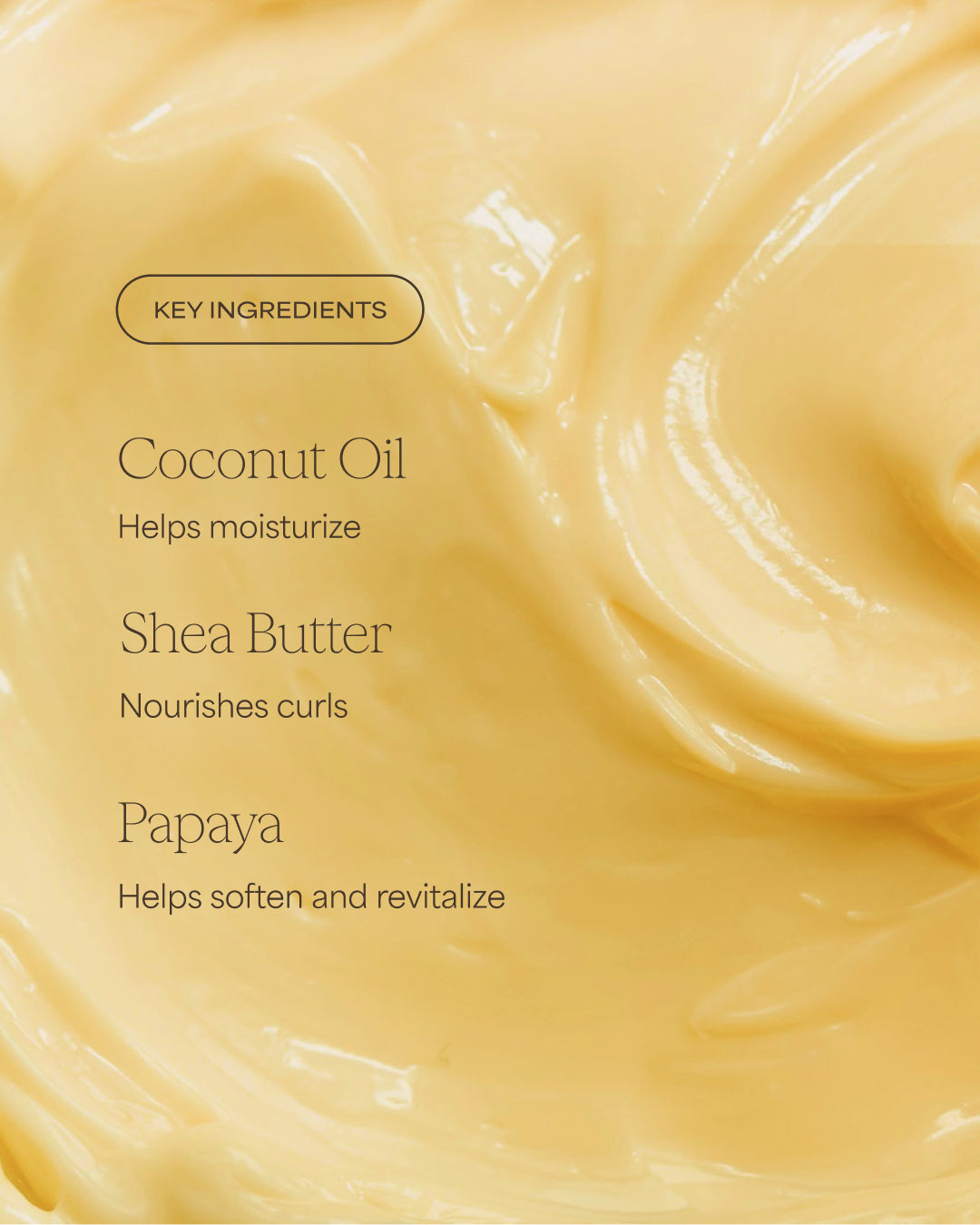 Close-up of a creamy texture with key ingredients listed on a beige background