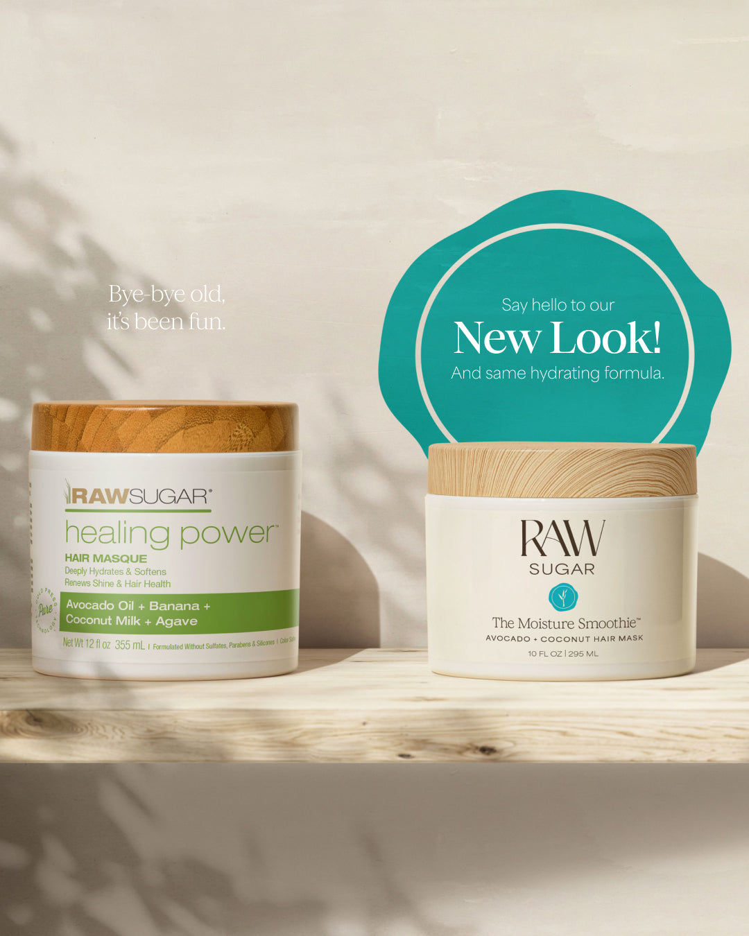 Two jars of Raw Sugar hair products on a wooden shelf with a 'New Look' sign.