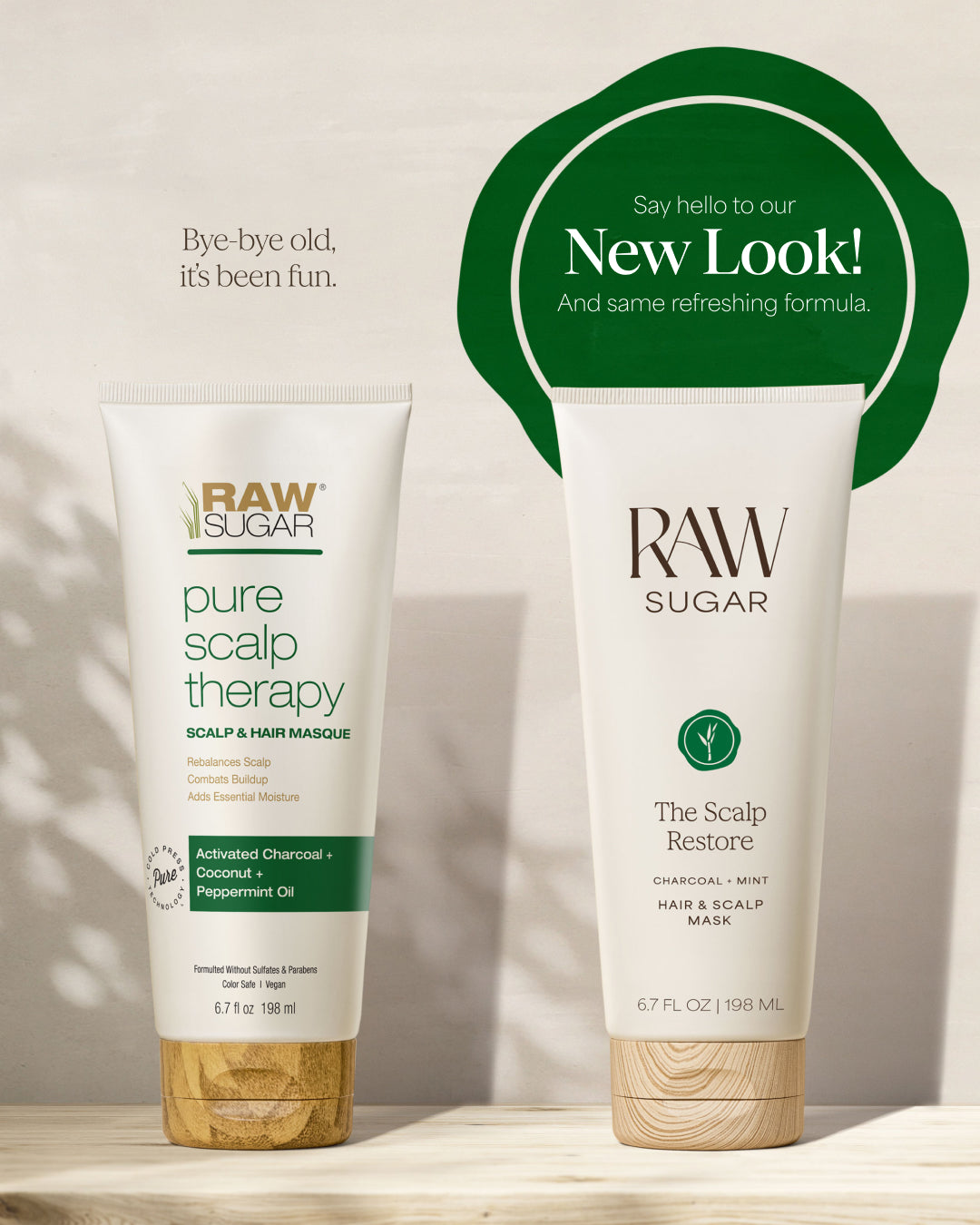 Raw Sugar scalp care mask on a neutral background with promotional text, designed to help purify scalp and hair with clean ingredients.