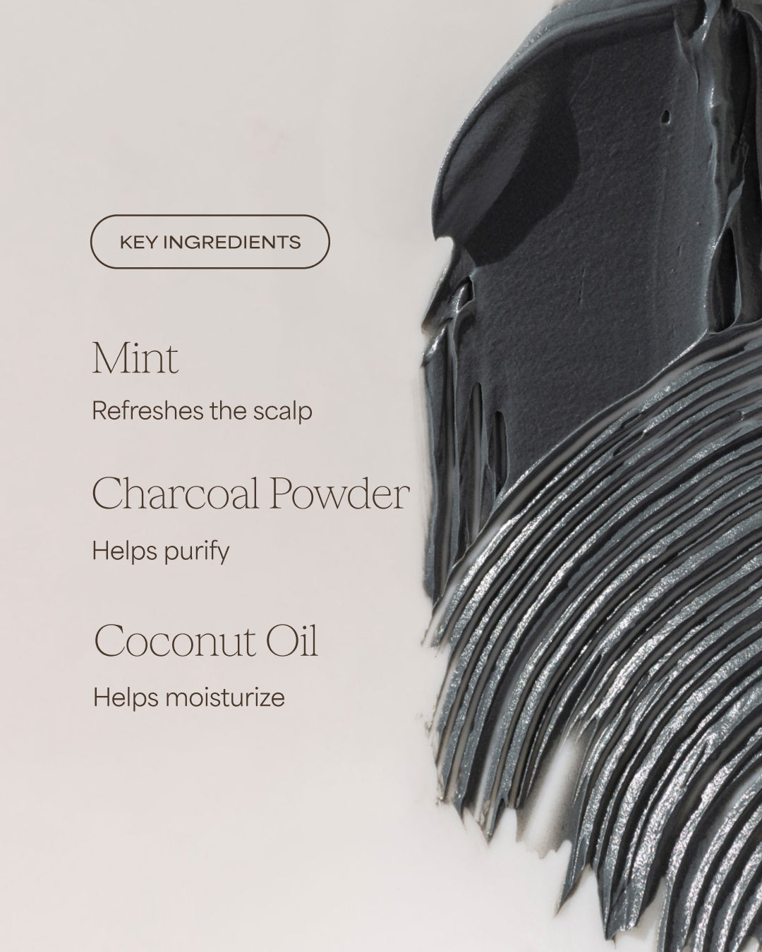 Black hairbrush with key ingredients listed on a light gray background