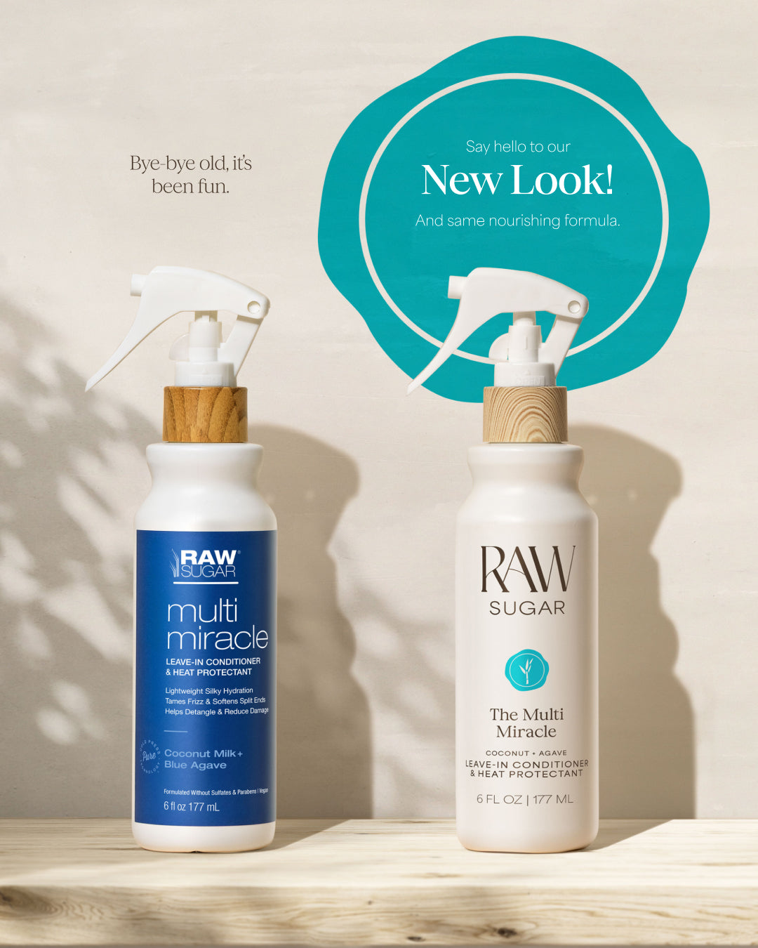 Two bottles of RAW Multi Miracle product on a wooden surface with a 'New Look' sign.