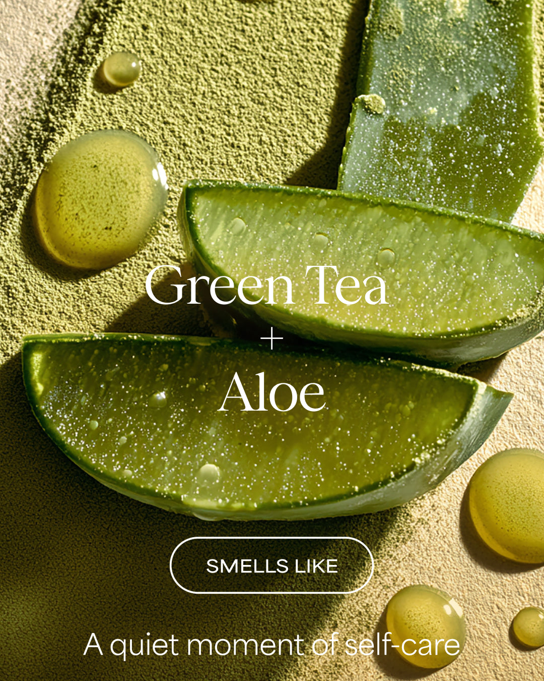 Green tea and aloe vera slices with droplets on a textured beige background for Raw Sugar Body Wash designed to help gently cleanse and hydrate skin with clean ingredients.