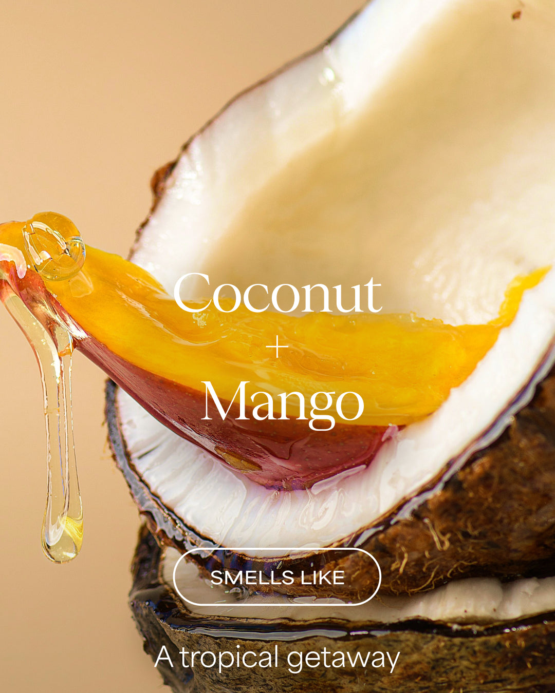 Coconut and mango with text 'Coconut + Mango' and 'Smells Like A tropical getaway' on a beige background for Raw Sugar Body Wash