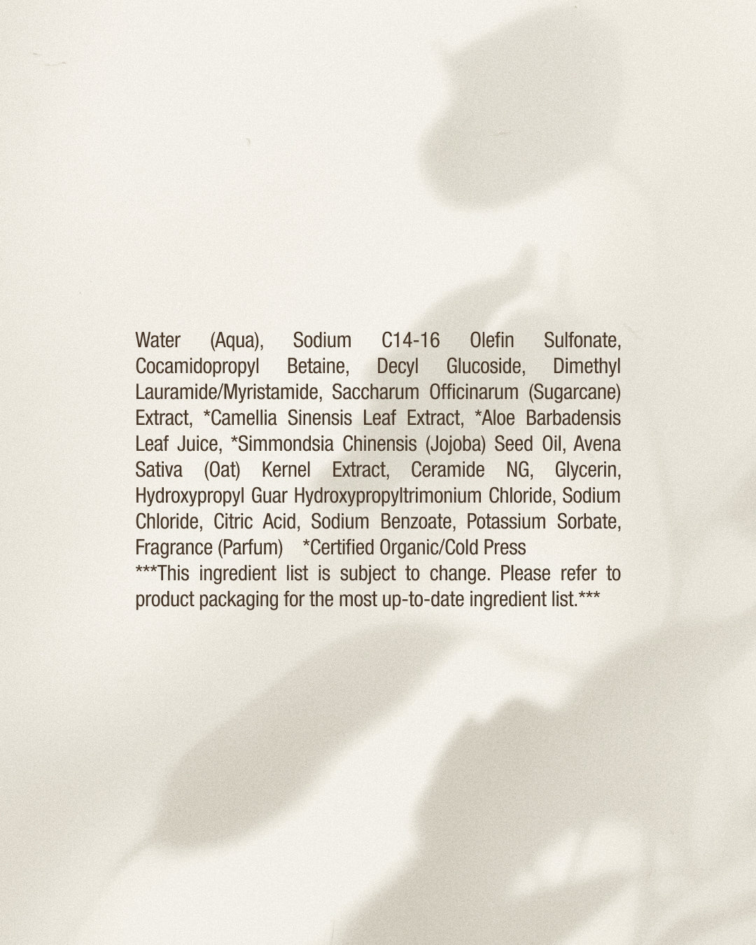 Product label with ingredient list on a textured beige background