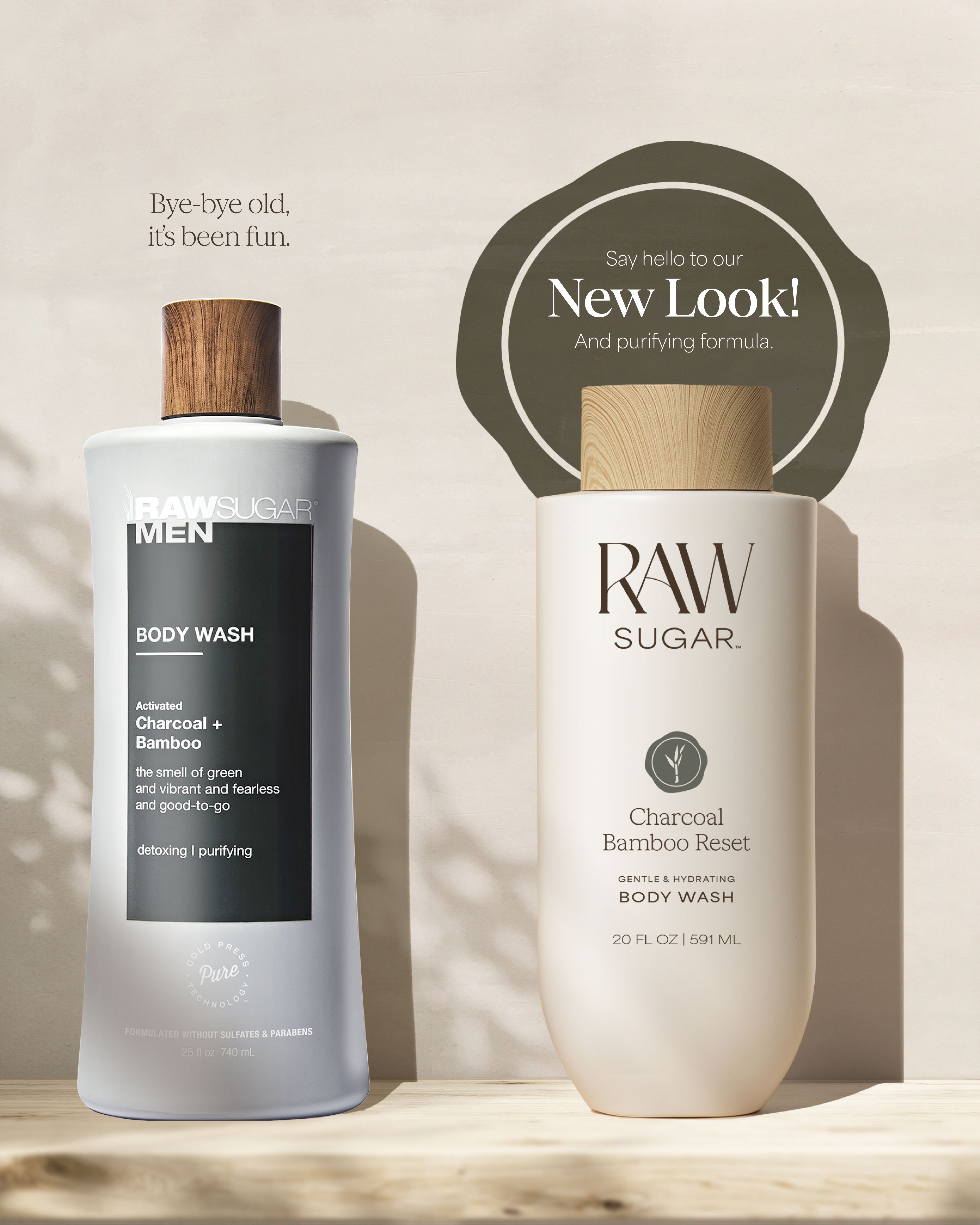 Two bottles of Raw Sugar body wash on a neutral background with promotional text showing old look vs new.
