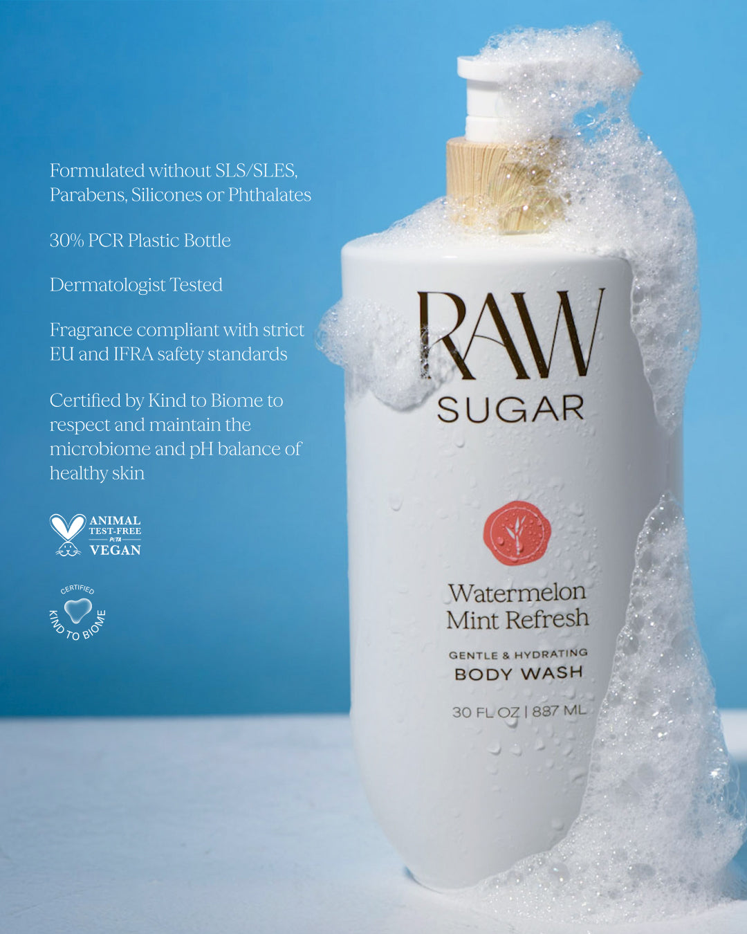 RAW Sugar body wash bottle with bubbles on a blue background