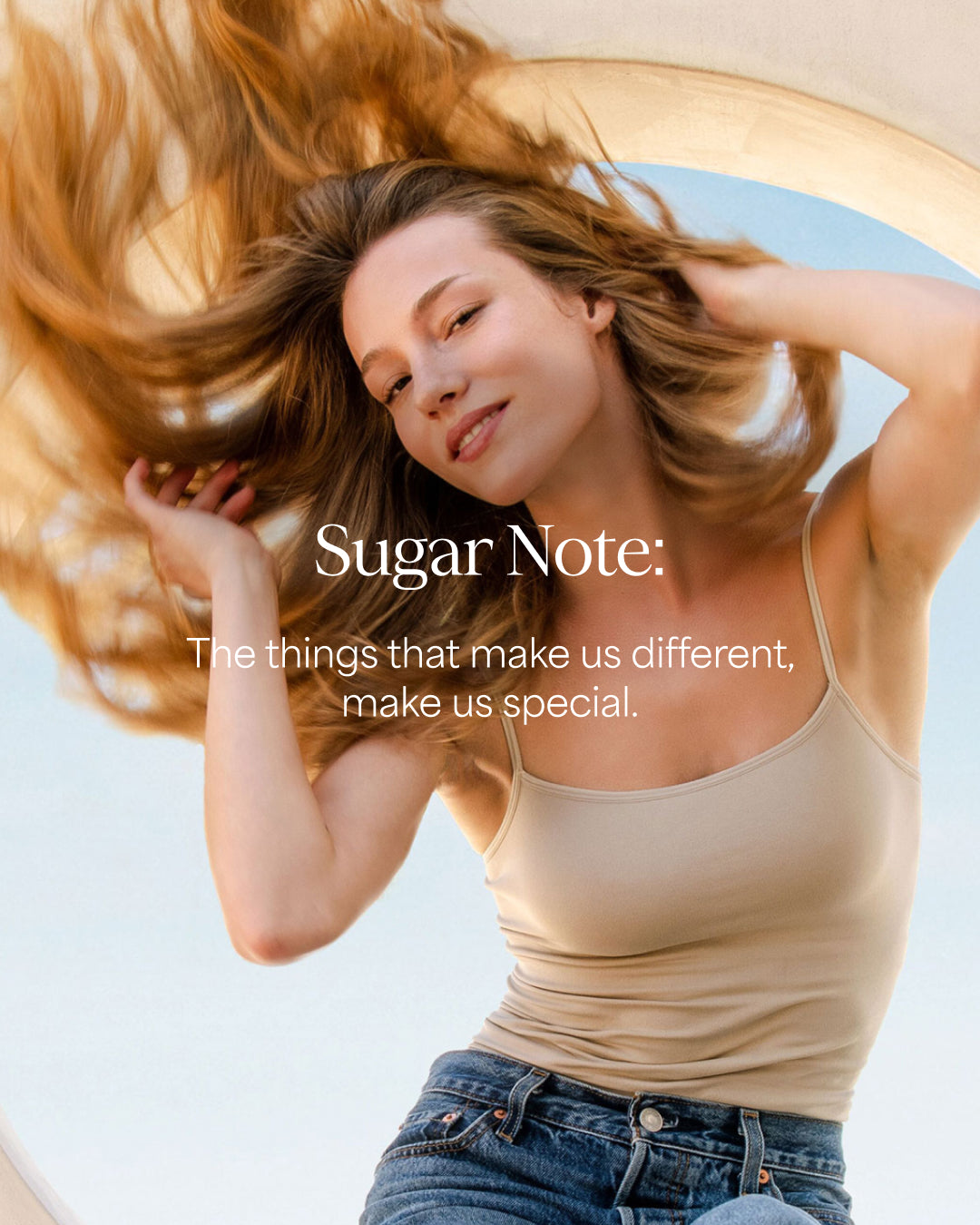 Woman with long blonde hair and a neutral expression, with 'Sugar Note' text overlay.