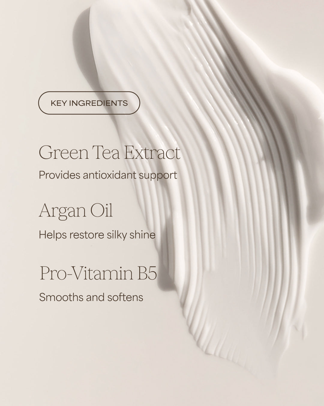 Silky hair strands with key ingredients text overlay on a light background