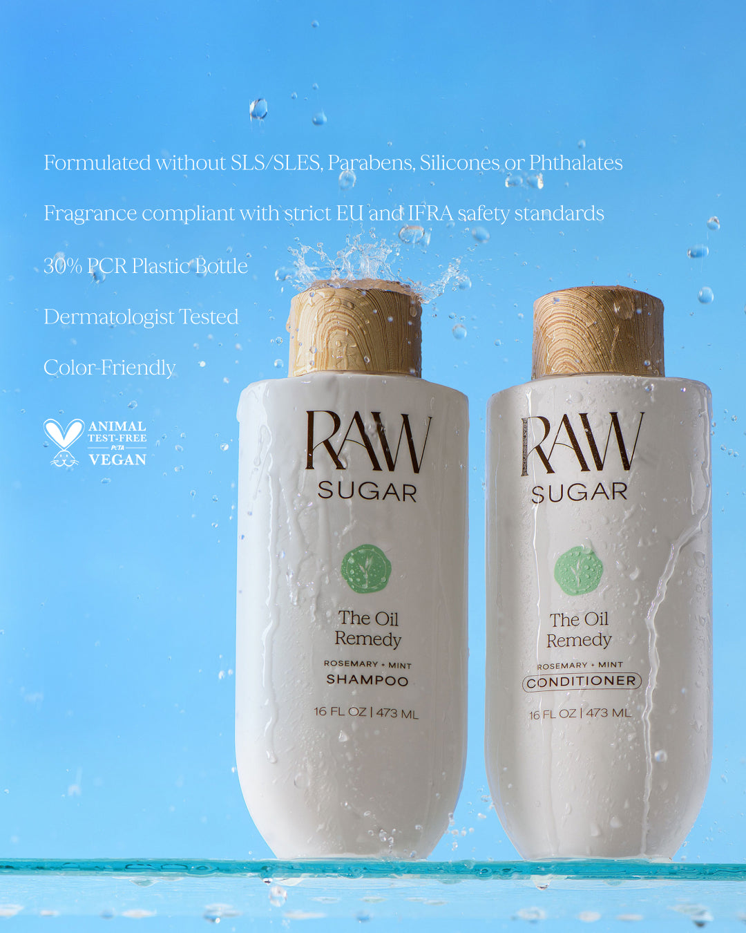 Two bottles of RAW Sugar shampoo and conditioner on a blue background with product details.