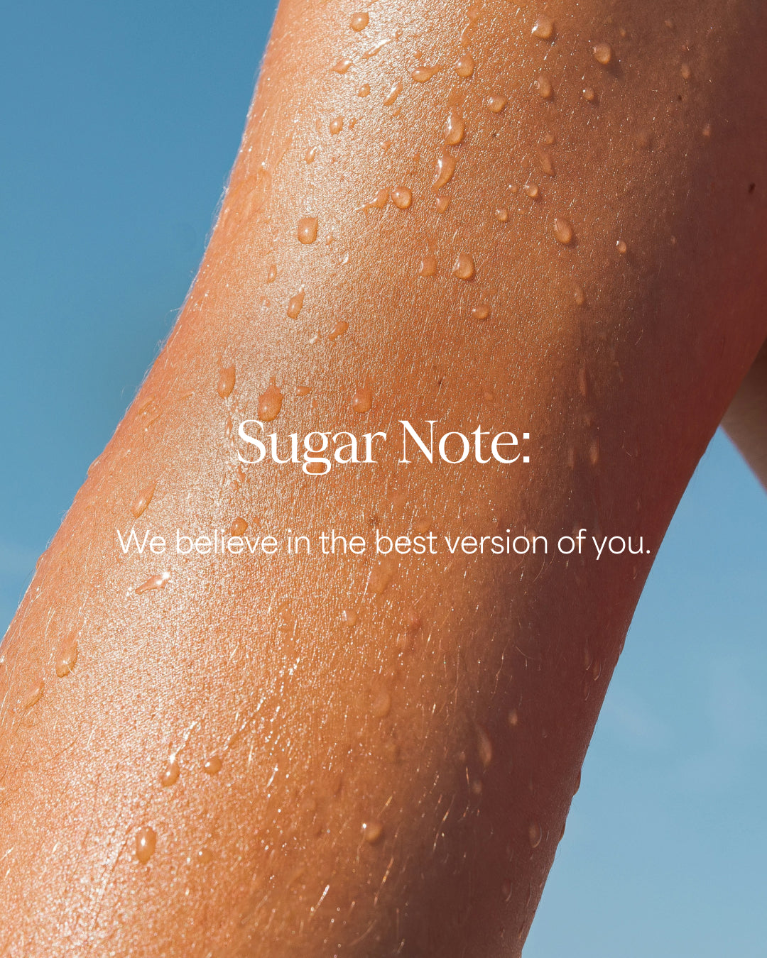 Close-up of a person's leg with water droplets and 'Sugar Note' branding.