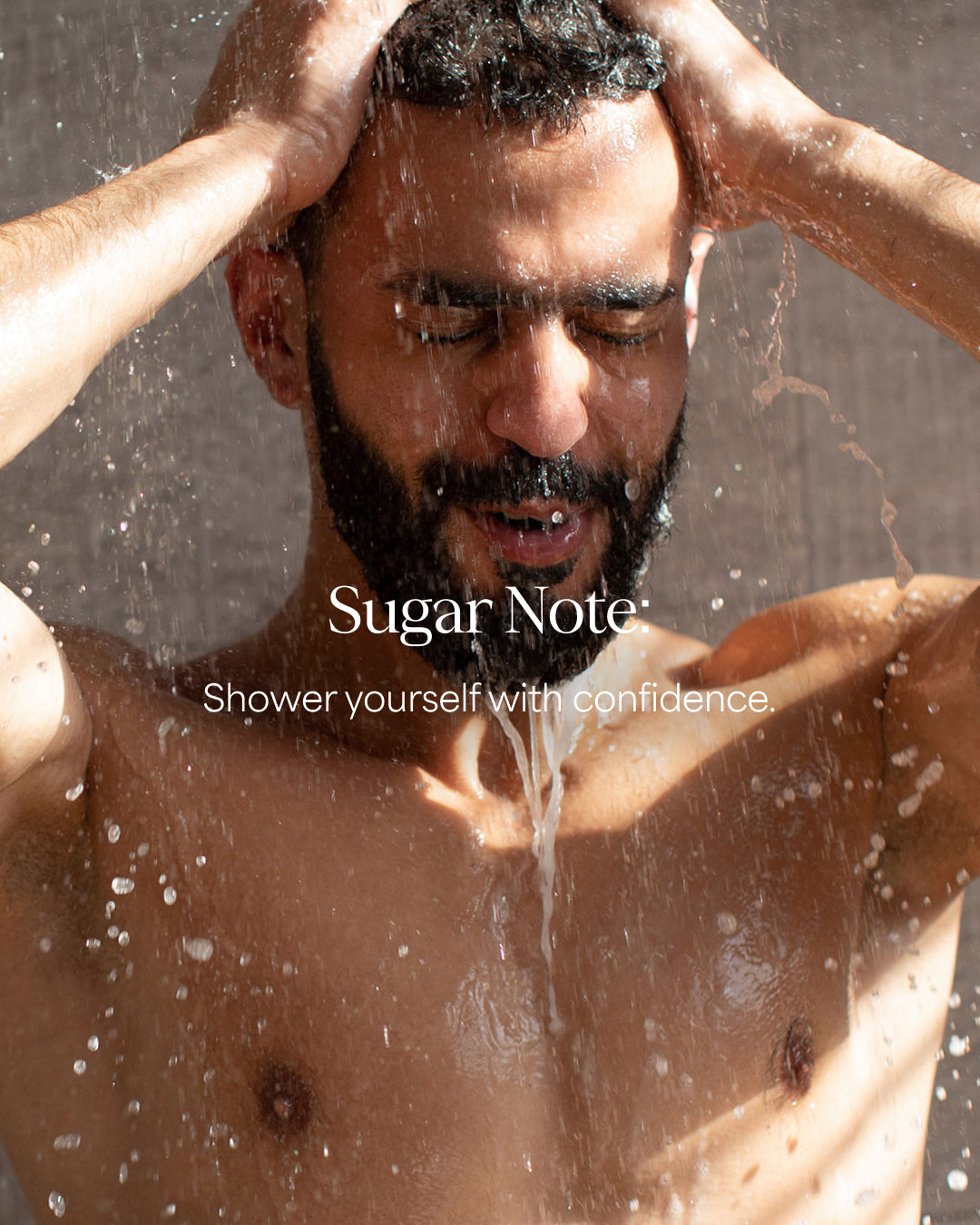 Man showering with 'Sugar Note' logo and tagline.