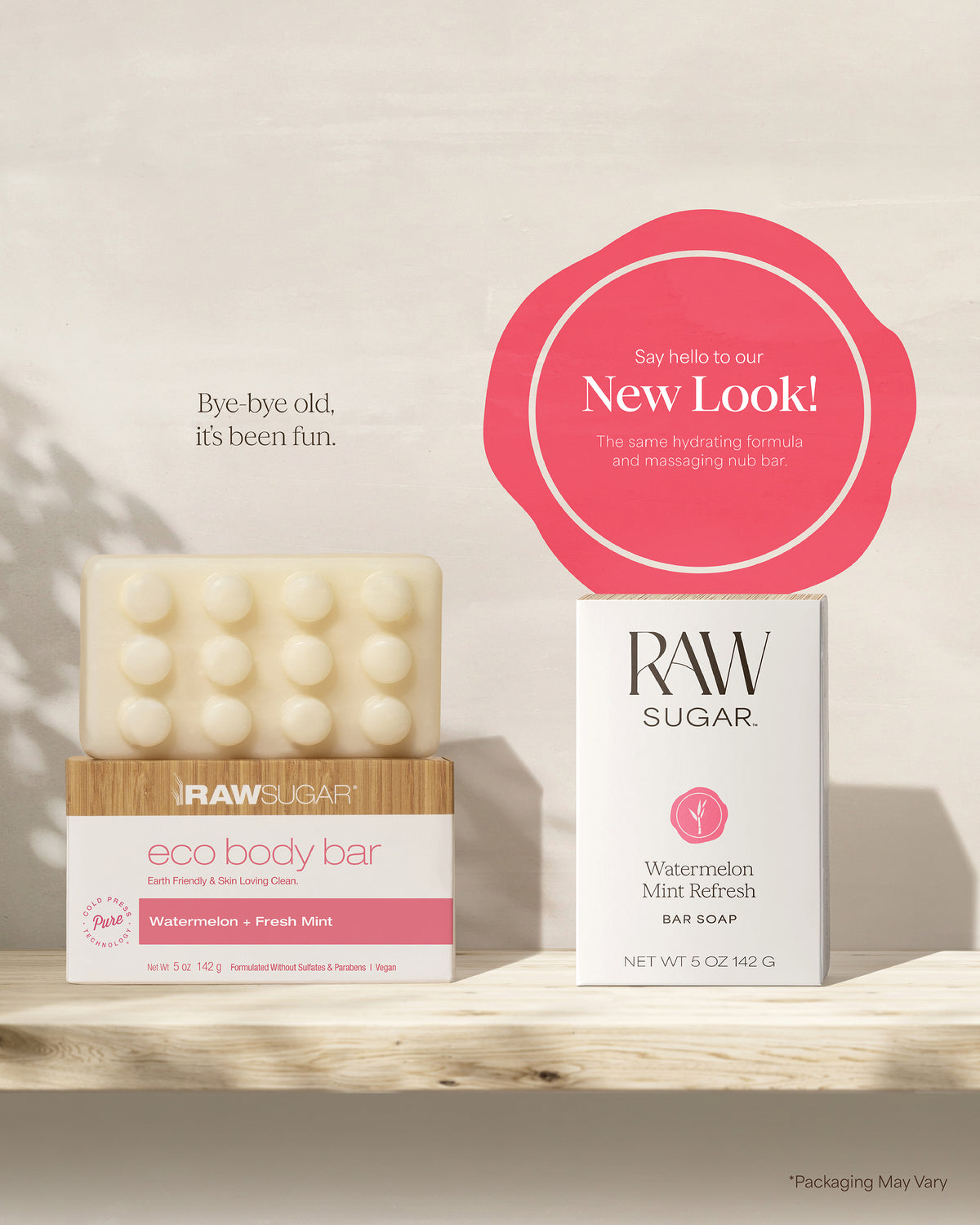 Raw Sugar body bar and packaging on a neutral background with promotional text.