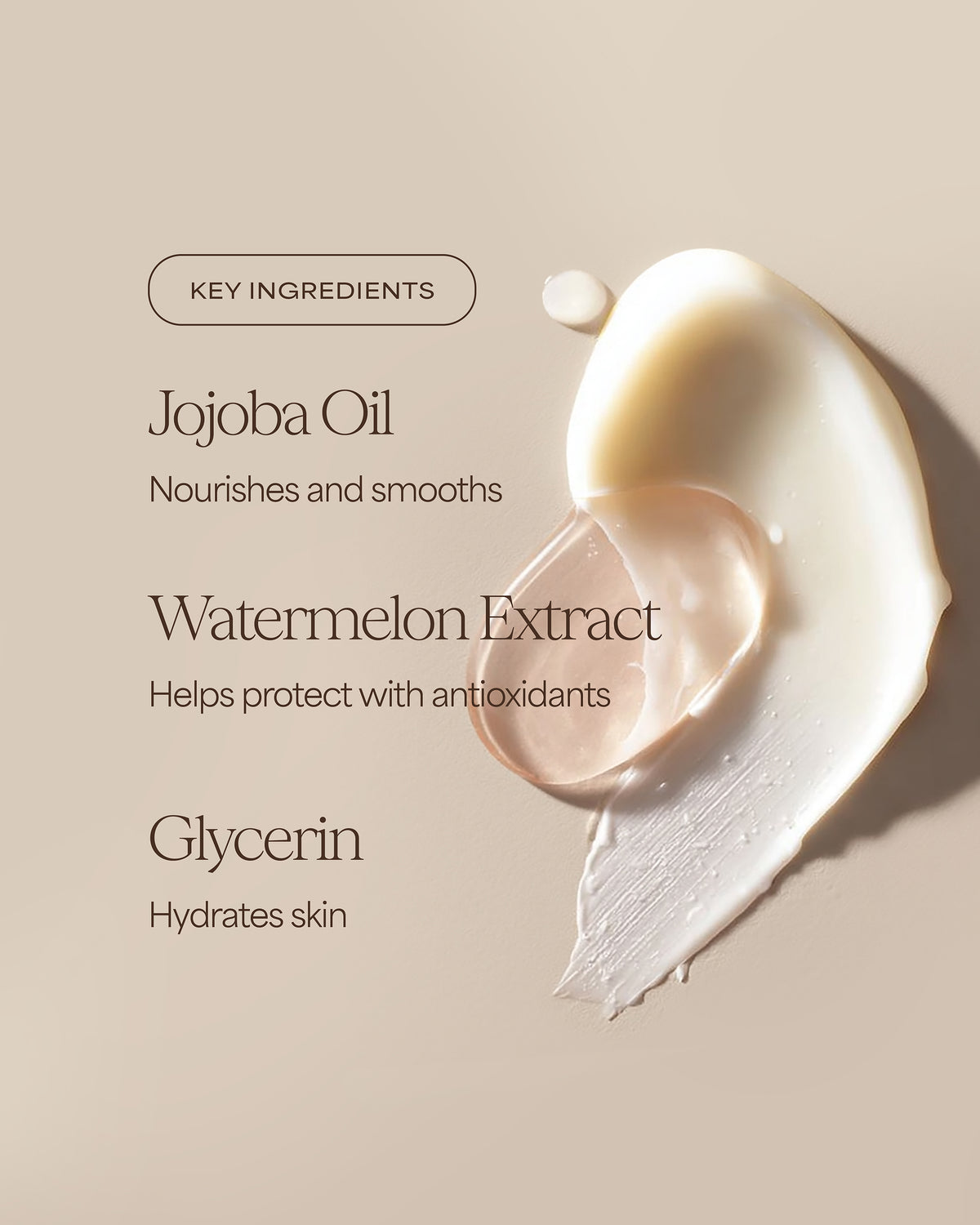 Cosmetic product with key ingredients listed on a beige background