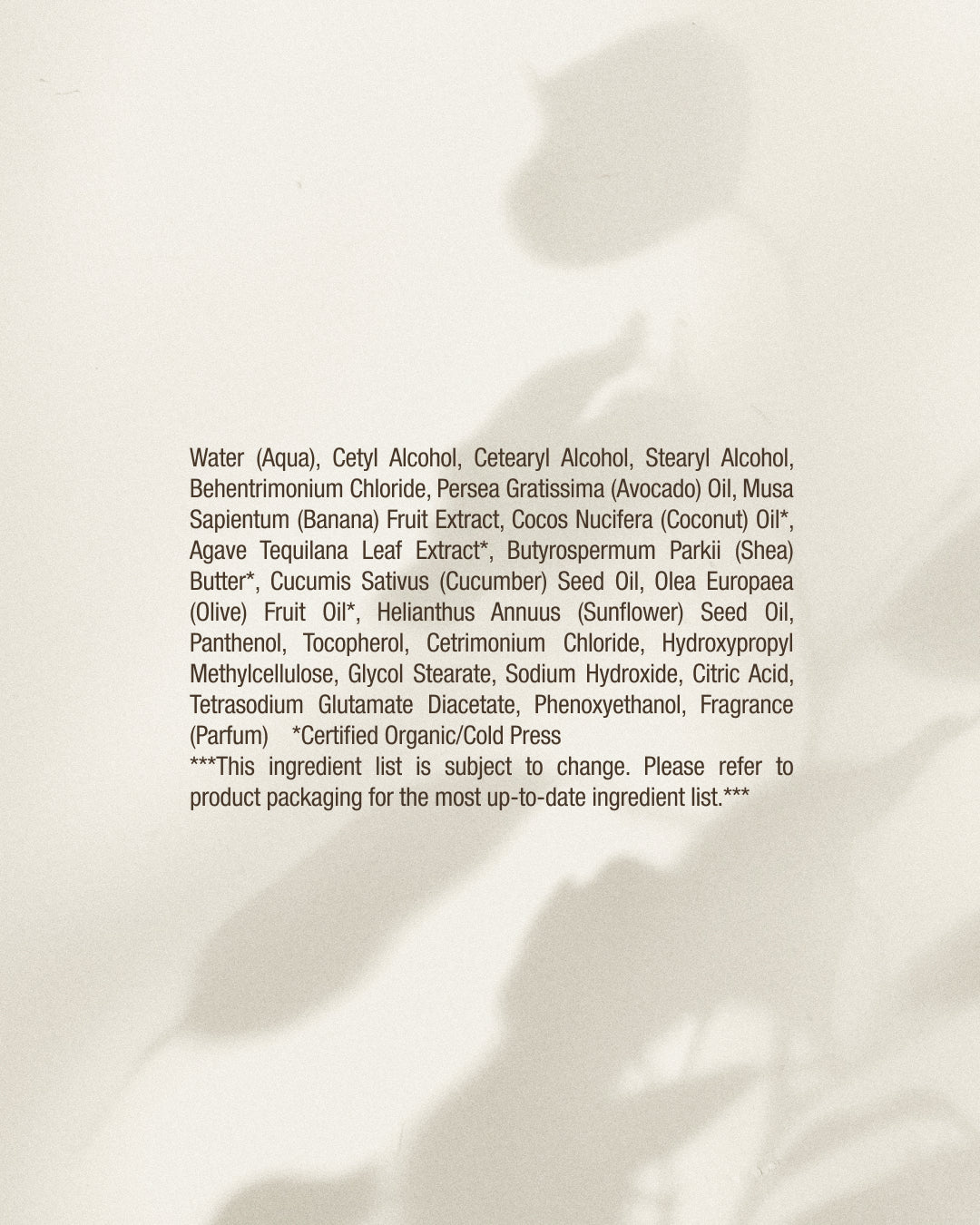 Product label with ingredient list on a textured beige background for Moisture Smoothie Mask