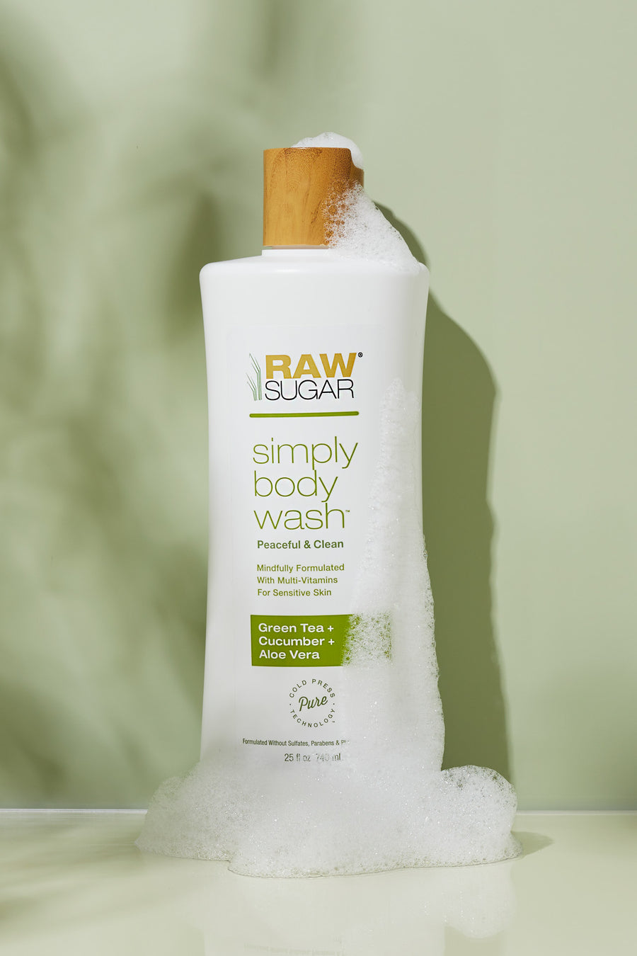 clean good for you green tea body wash covered in suds