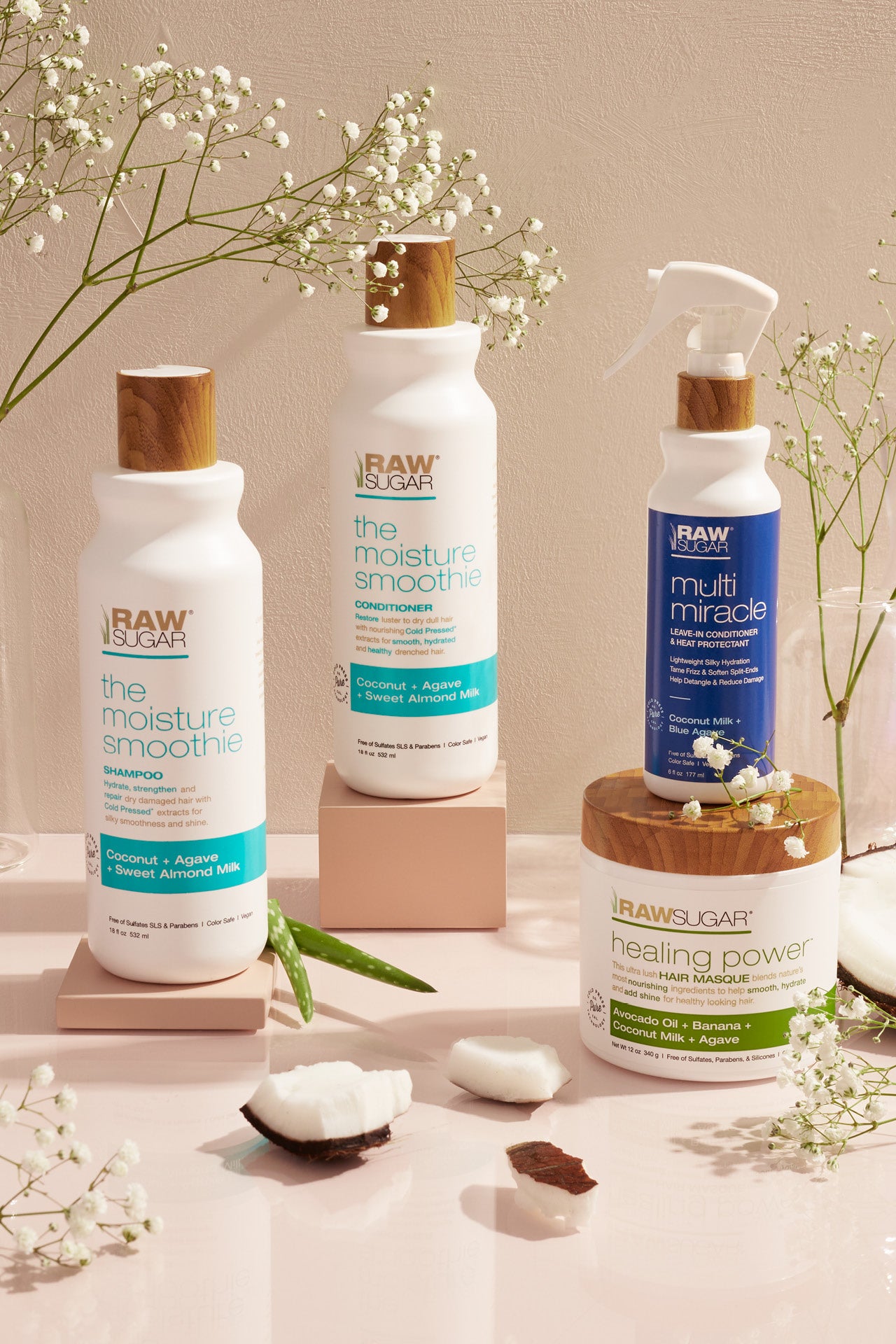 hair care routine with coconut and flowers