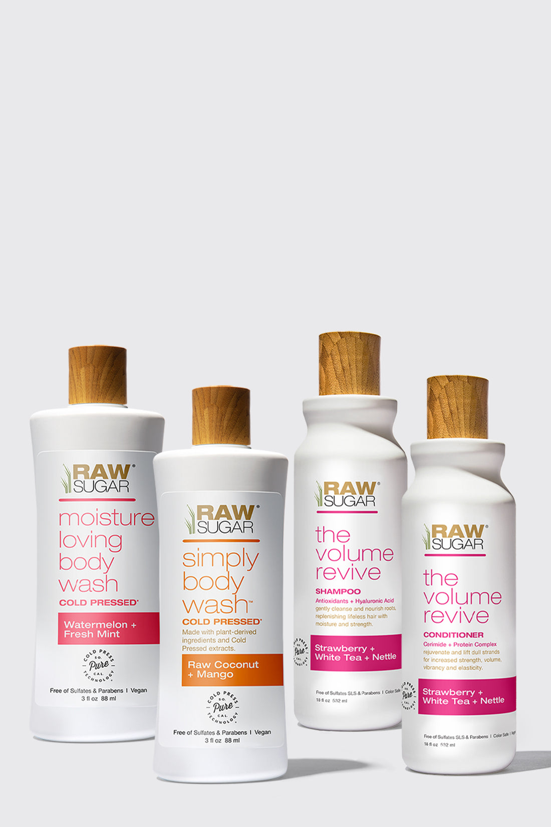 components of raw joy gift box body wash and volume revive shampoo ad conditioner