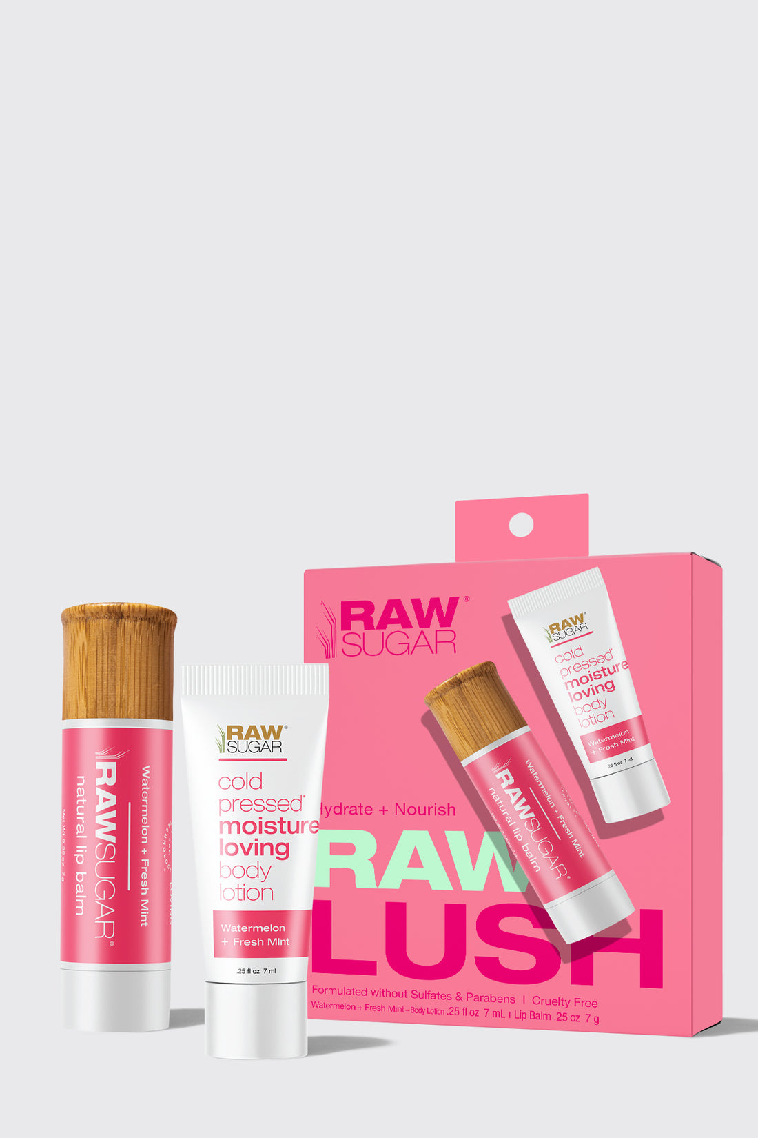 raw lush watermelon + fresh mint lotion + lip balm duo in front of gift box