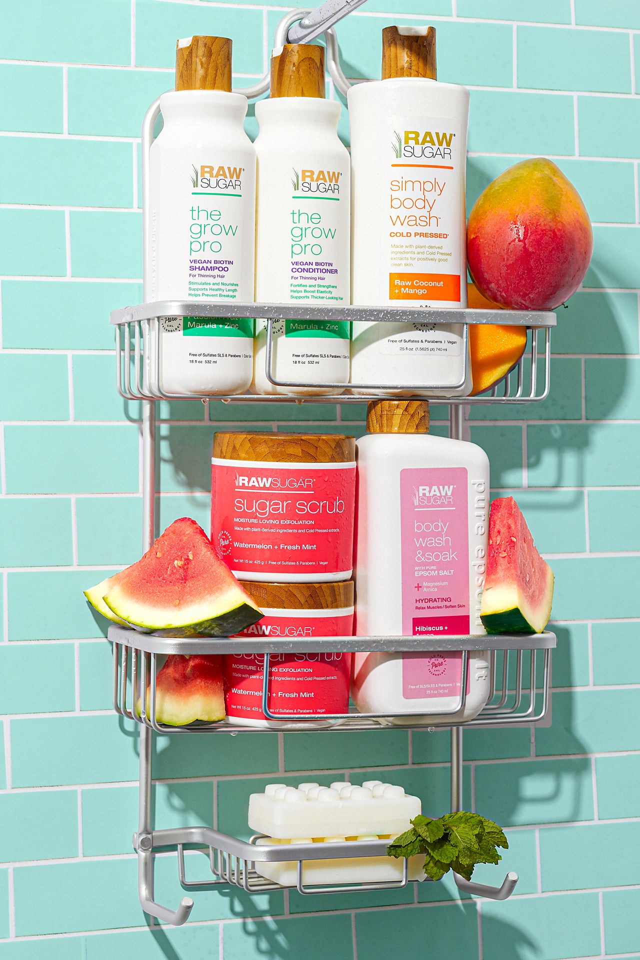 shower caddy image with raw sugar products and fruit