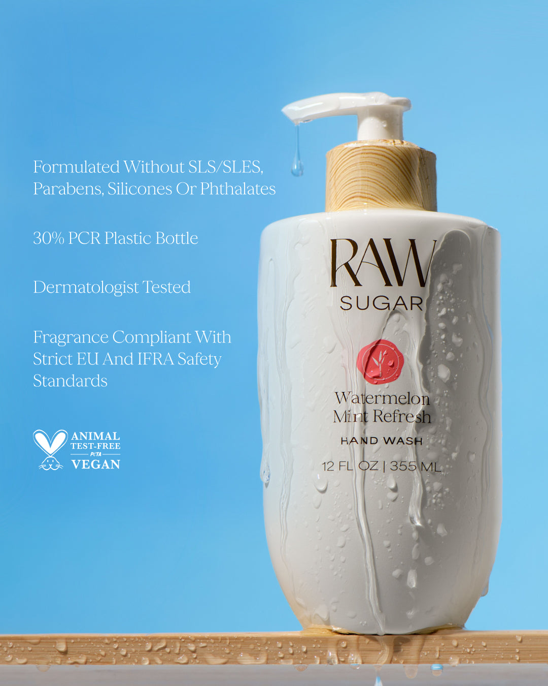 RAW Sugar hand wash bottle with branding and product details on a blue background