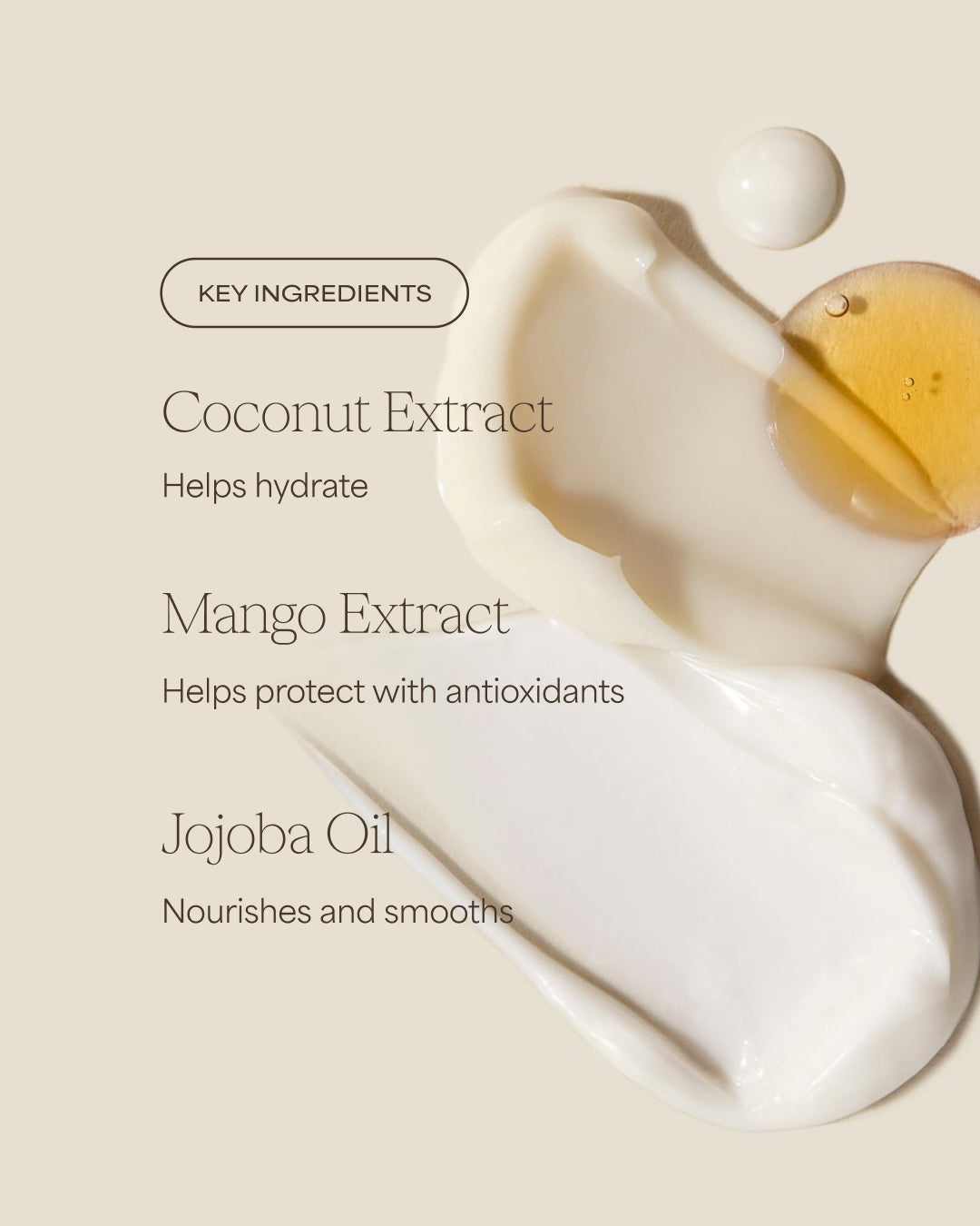 Product with coconut extract, mango extract, and jojoba oil labeled on a beige background for Raw Sugar Hand Wash, designed to help gently cleanse hands with clean ingredients.